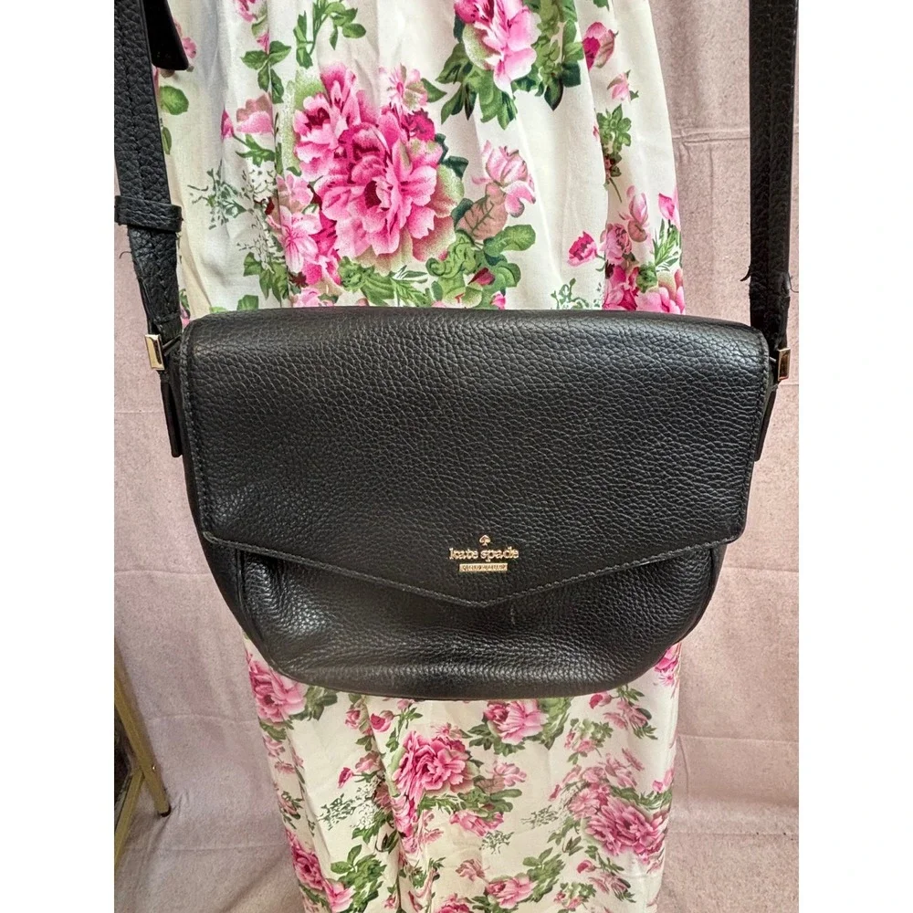 Kate Spade Black Pebble Leather Crossbody Bag Flap Shoulder Bag Adjustable Strap